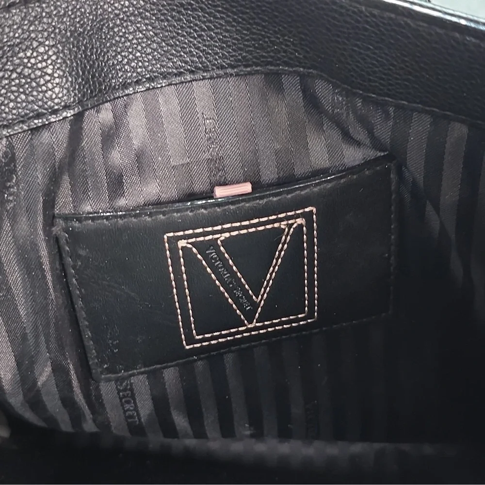 Victoria's Secret Black Medium Tote Pebbled, Double Handles, Logo, Charm, Gold